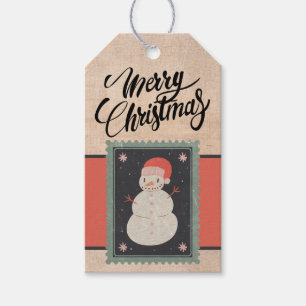 Custom Retro Paper Stamp Merry Christmas Snowman Gift Tags