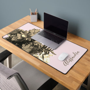 Custom Retro Pastel Pink Gold Floral Botanical Desk Mat