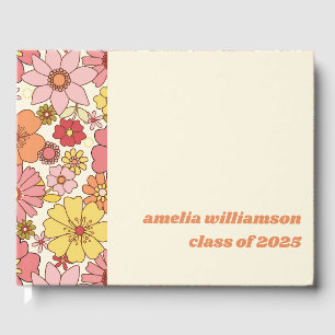 Custom Retro Pink Yellow Floral Graduation Party Guest Book