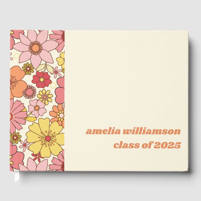 Custom Retro Pink Yellow Floral Graduation Party Guest Book (Front)