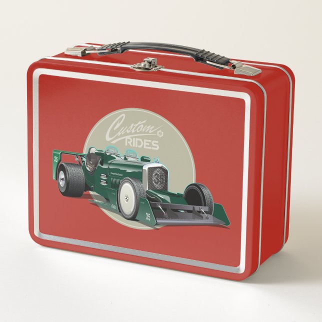 Custom retro race car concept metal lunch box (Front)