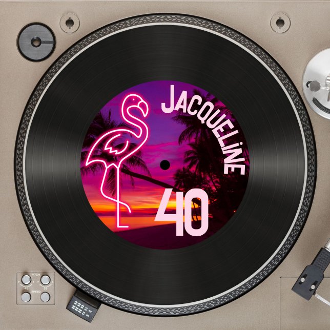 Custom Retro Record Neon Flamingo 40th Birthday Invitation (Creator Uploaded)