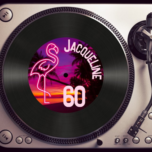 Custom Retro Record Neon Flamingo 60th Birthday Invitation (Creator Uploaded)