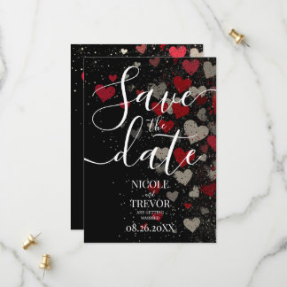 Custom Retro Red Falling Hearts Wedding Save The Date