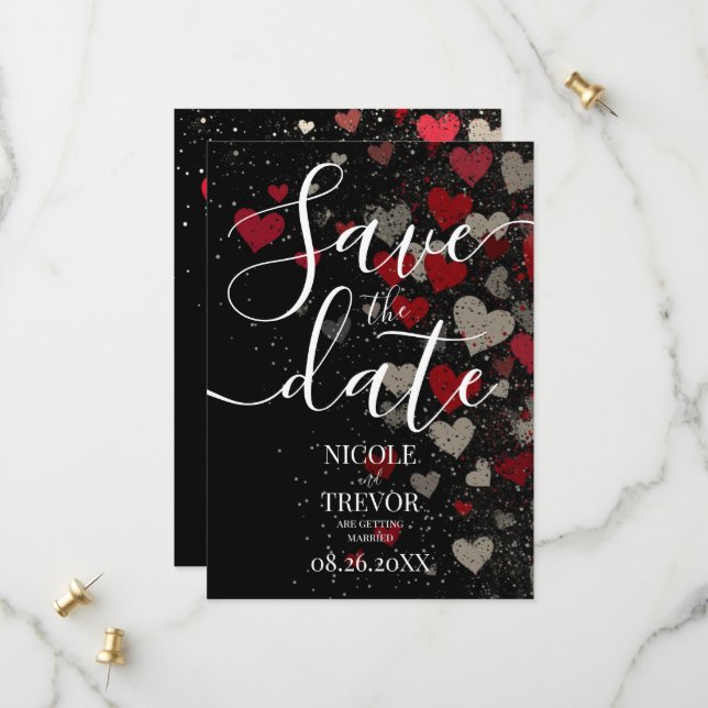 Custom Retro Red Falling Hearts Wedding Save The Date (Front/Back In Situ)