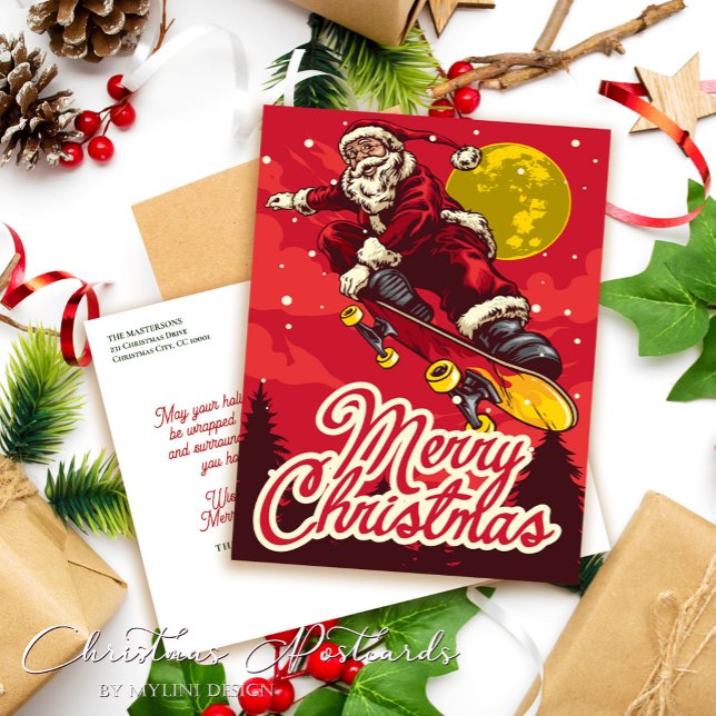 Custom Retro Skate Santa Christmas Greetings Holiday Postcard (Creator Uploaded)