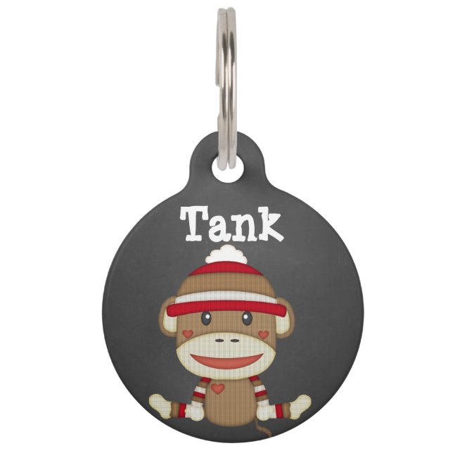 Custom Retro Sock Monkey Dog Pet Tag (Front)