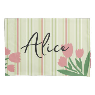 Custom retro stripes and floral green pink girly pillowcase