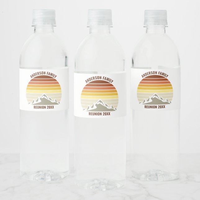 Custom Retro Sunset Mountain Family Reunion Party Water Bottle Label (Bottles)