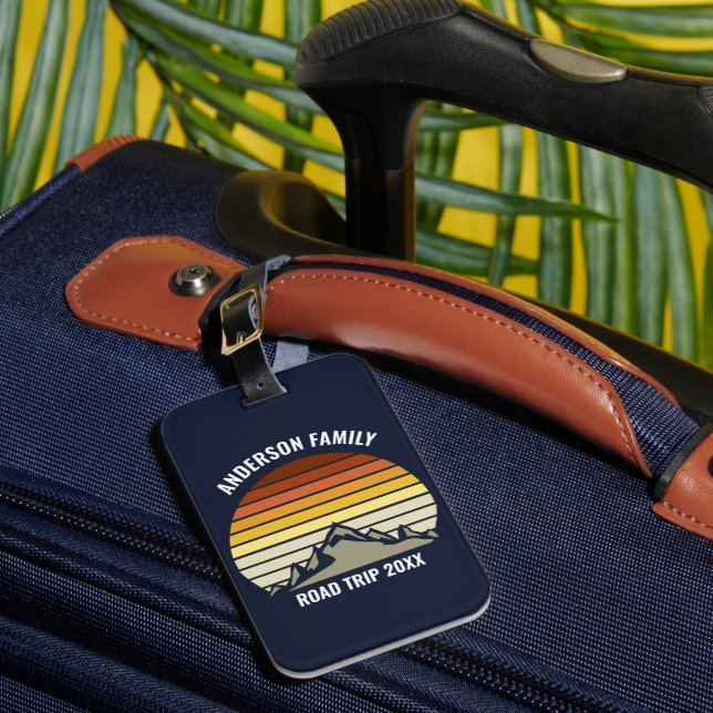 Custom Retro Sunset Mountain Navy Blue Luggage Tag (Front Insitu 1)