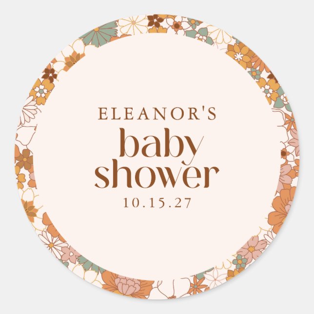 Custom Retro Terracotta Boho Floral Baby Shower Classic Round Sticker (Front)