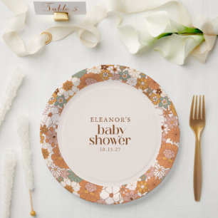 Custom Retro Terracotta Boho Floral Baby Shower Paper Plate