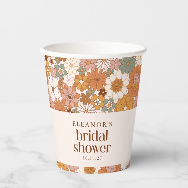 Custom Retro Terracotta Boho Floral Bridal Shower Paper Cups (Front)