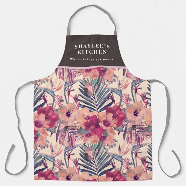 Custom Retro Tropical Hibiscus Wren Apron (Front)
