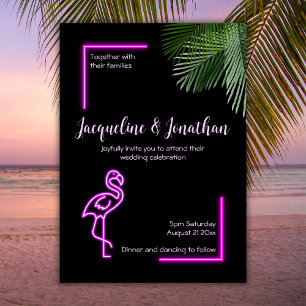 Custom Retro Tropical Neon Pink Flamingo Wedding Invitation
