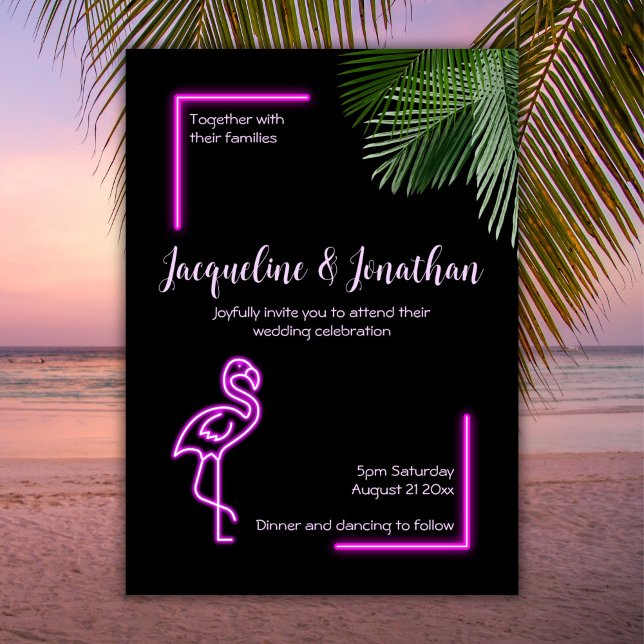 Custom Retro Tropical Neon Pink Flamingo Wedding Invitation (Creator Uploaded)