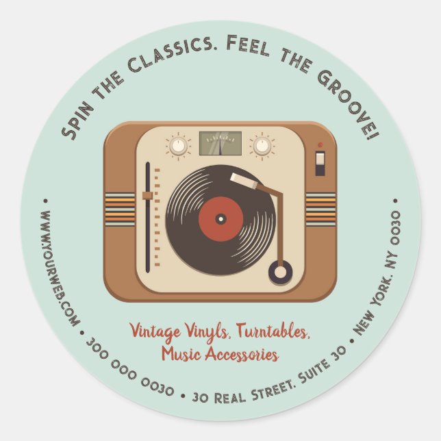 Custom Retro Vinyl Turntable Business Sticker  (Front)