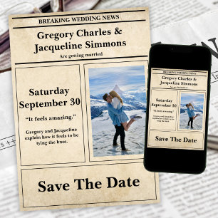 Custom Retro Wedding Newspaper Photo Save The Date Invitation