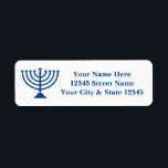 Custom return address labels with Jewish menorah<br><div class="desc">Custom return address labels with Jewish menorah logo.  Custom labels for mailing cards for home or business. Personalised text and blue colour.  Create your own in bulk. Leave blank to print at home with your own printer. Useful for Hanukkah Holidays,  Christmas,  new home,  moving,  relocation etc.</div>