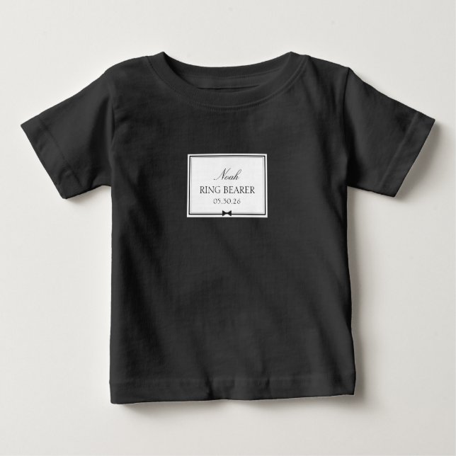Custom Ring Bearer Name Cute Bowtie Black & White Baby T-Shirt (Front)