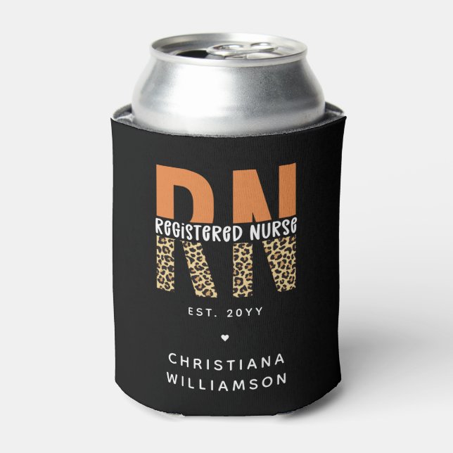 Custom RN Registered Nurse Leopard Typography Can Cooler (Can Front)
