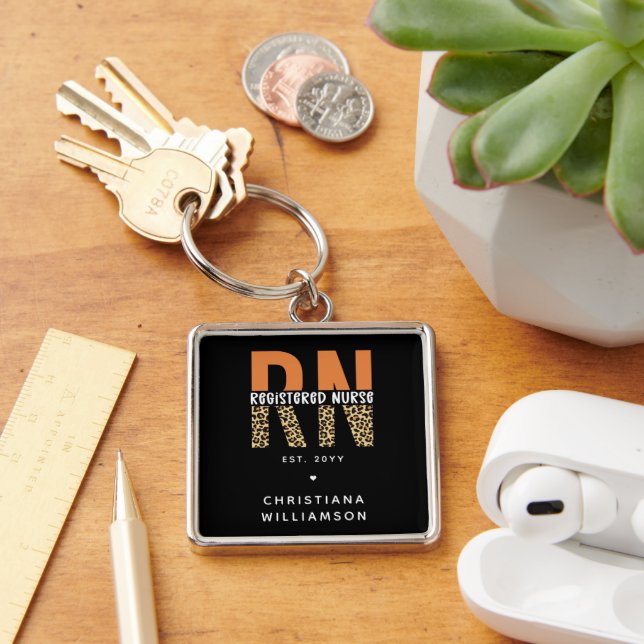 Custom RN Registered Nurse Leopard Typography Key Ring (Desk)