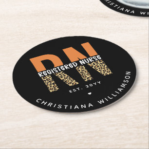 Custom RN Registered Nurse Leopard Typography Round Paper Coaster