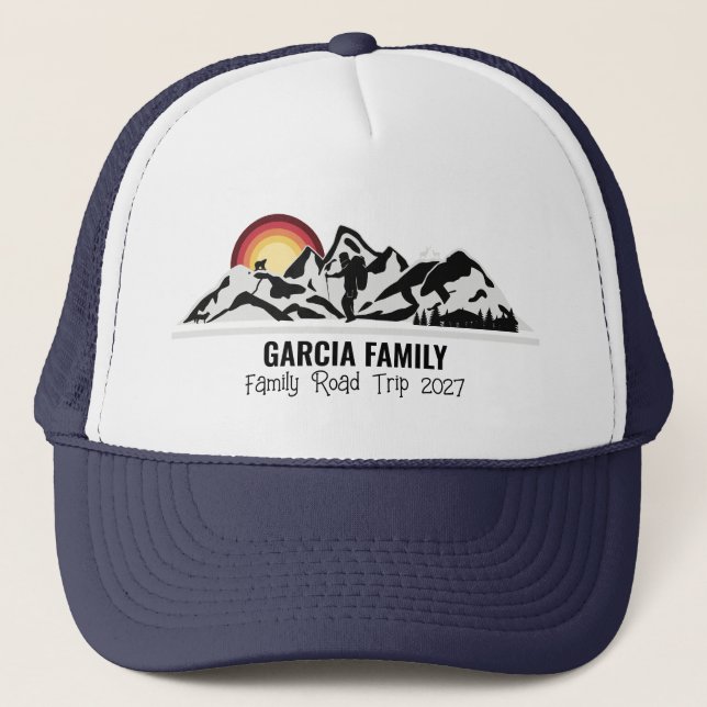 Custom Road Trip Mountain Sunset Family Vacation  Trucker Hat (Front)
