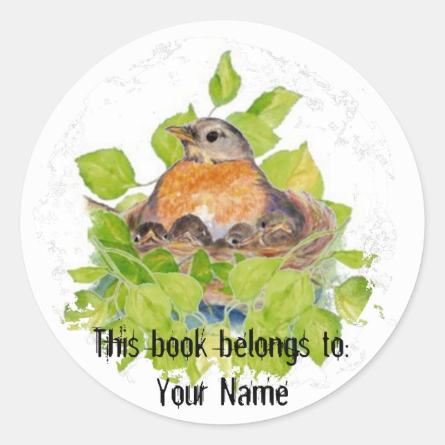 Custom Robin in Nest- Book Plate Classic Round Sticker (Front)