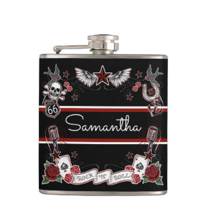Custom Rockabilly Rock & Roll Microphone Tattoo Hi Hip Flask