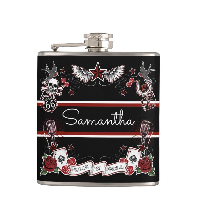 Custom Rockabilly Rock & Roll Microphone Tattoo Hi Hip Flask (Front)