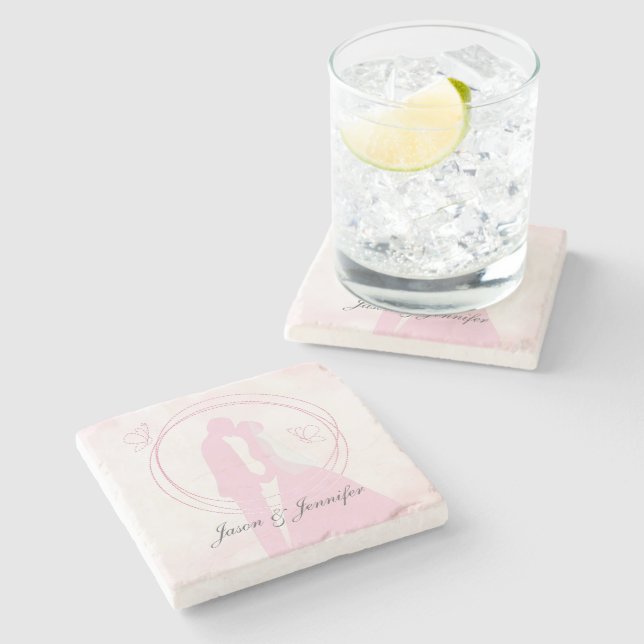 Custom Romantic Dreamy Pink Wedding Couple Stone Coaster (Side)