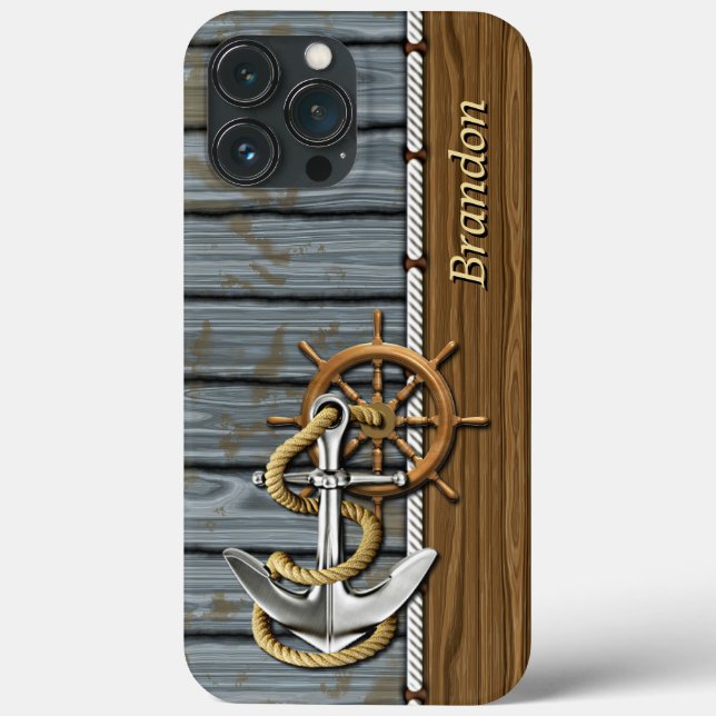 Custom Rope Wheel Nautical Anchor Wood Pattern Case-Mate iPhone Case (Back)