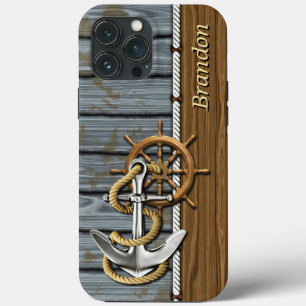Custom Rope Wheel Nautical Anchor Wood Pattern iPhone Case