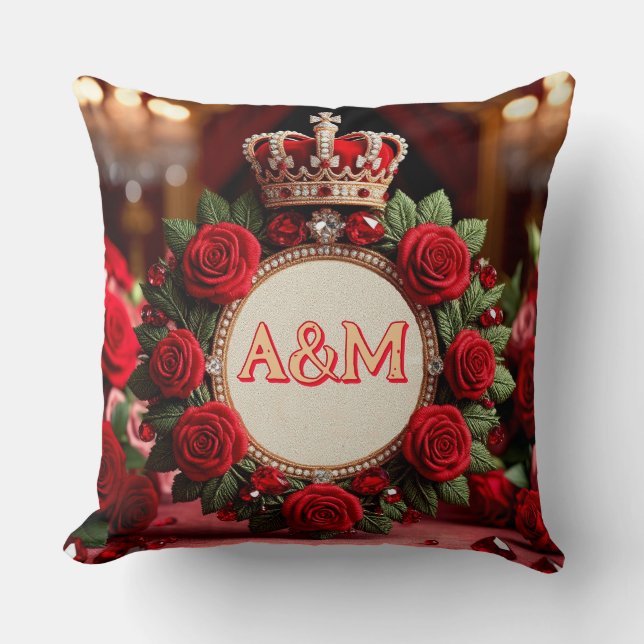 👑 Custom Rose Crown Monogram Name Gift for Her 🌹 Cushion (Front)