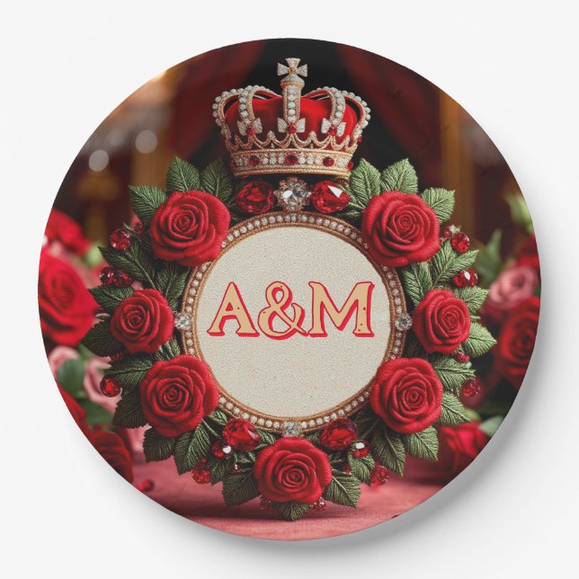 👑 Custom Rose Crown Monogram Name Gift for Her 🌹 Paper Plate (Front)