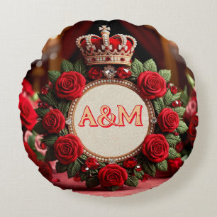 👑 Custom Rose Crown Monogram Name Gift for Her 🌹 Round Cushion