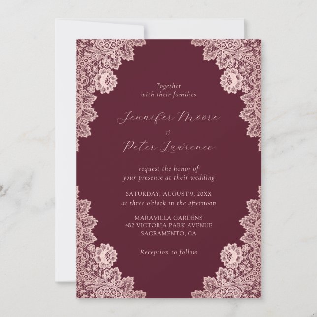 Custom Rose Gold and Burgundy Wedding Invitation (Front)