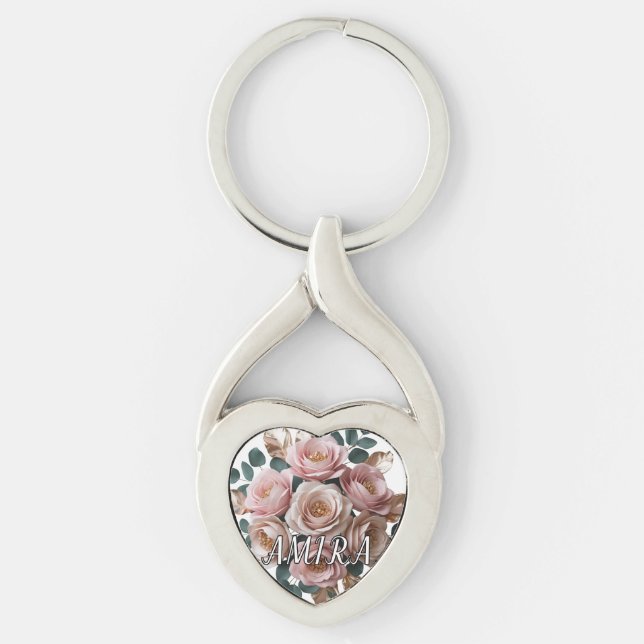 Custom Rose Gold Floral Monogram Heart Keychain (Front)