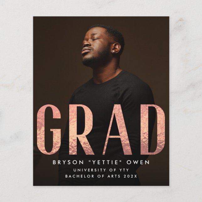 Custom Rose Gold Foil Nick Name GRAD Photo Card (Front)