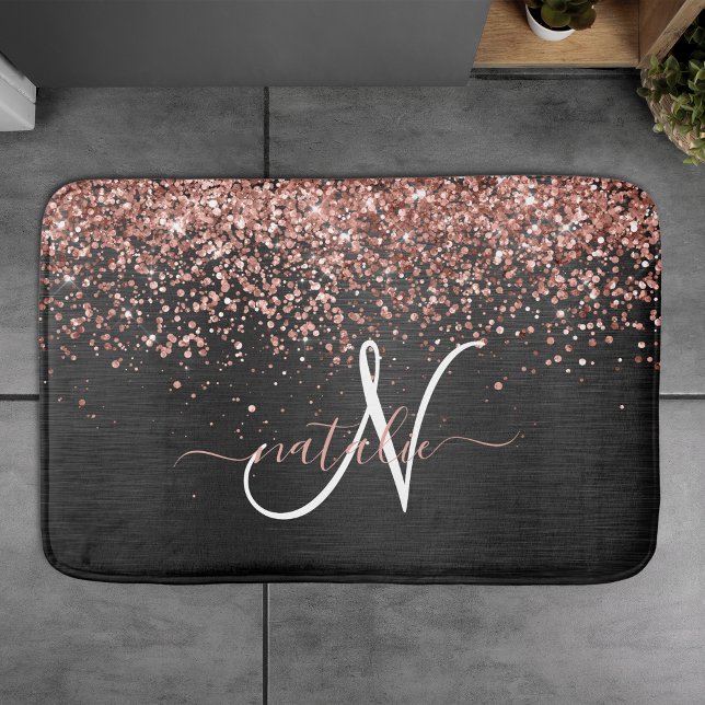 Custom Rose Gold Glitter Black Sparkle Monogram Bath Mat (Creator Uploaded)
