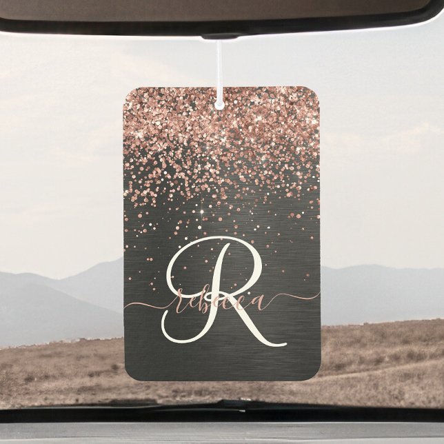 Custom Rose Gold Glitter Black Sparkle Monogram Car Air Freshener (Creator Uploaded)