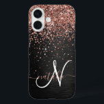 Custom Rose Gold Glitter Black Sparkle Monogram iPhone 16 Case<br><div class="desc">Easily personalise this trendy elegant phone case design featuring pretty rose gold sparkling glitter on a black brushed metallic background.</div>