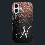Custom Rose Gold Glitter Black Sparkle Monogram iPhone 16 Case<br><div class="desc">Easily personalise this trendy elegant phone case design featuring pretty rose gold sparkling glitter on a black brushed metallic background.</div>