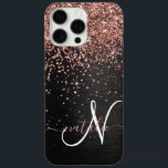 Custom Rose Gold Glitter Black Sparkle Monogram iPhone 16 Pro Max Case<br><div class="desc">Easily personalise this trendy elegant phone case design featuring pretty rose gold sparkling glitter on a black brushed metallic background.</div>