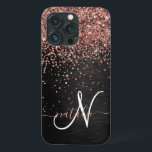 Custom Rose Gold Glitter Black Sparkle Monogram iPhone 13 Pro Case<br><div class="desc">Easily personalise this trendy elegant phone case design featuring pretty rose gold sparkling glitter on a black brushed metallic background.</div>