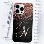 Custom Rose Gold Glitter Black Sparkle Monogram Case-Mate iPhone 14 Pro Max Case<br><div class="desc">Easily personalise this trendy elegant phone case design featuring pretty rose gold sparkling faux glitter on a black brushed metallic background.</div>