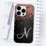 Custom Rose Gold Glitter Black Sparkle Monogram Case-Mate iPhone 14 Pro Case<br><div class="desc">Easily personalise this trendy elegant phone case design featuring pretty rose gold sparkling glitter on a black brushed metallic background.</div>