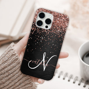 Custom Rose Gold Glitter Black Sparkle Monogram iPhone 15 Pro Max Case