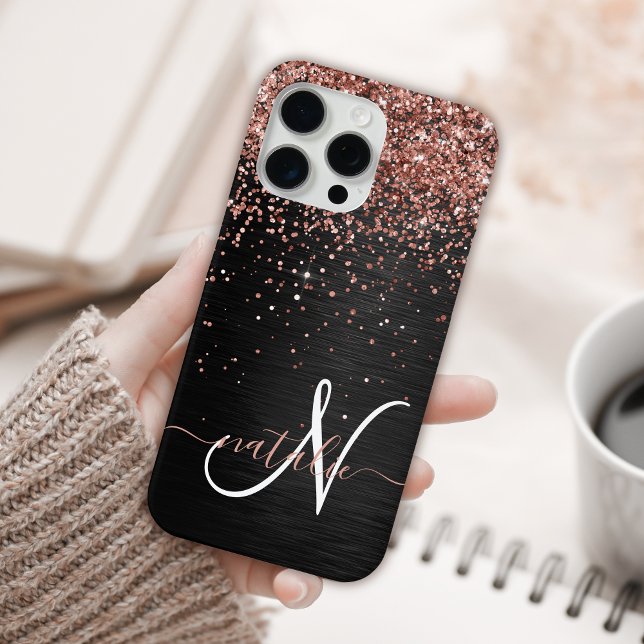 Custom Rose Gold Glitter Black Sparkle Monogram Case-Mate iPhone Case (Creator Uploaded)